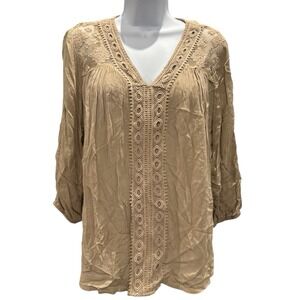 New Directions Petite Lace Trim Peasant Top Beige Tan Crochet‎ Boho Flowy Large